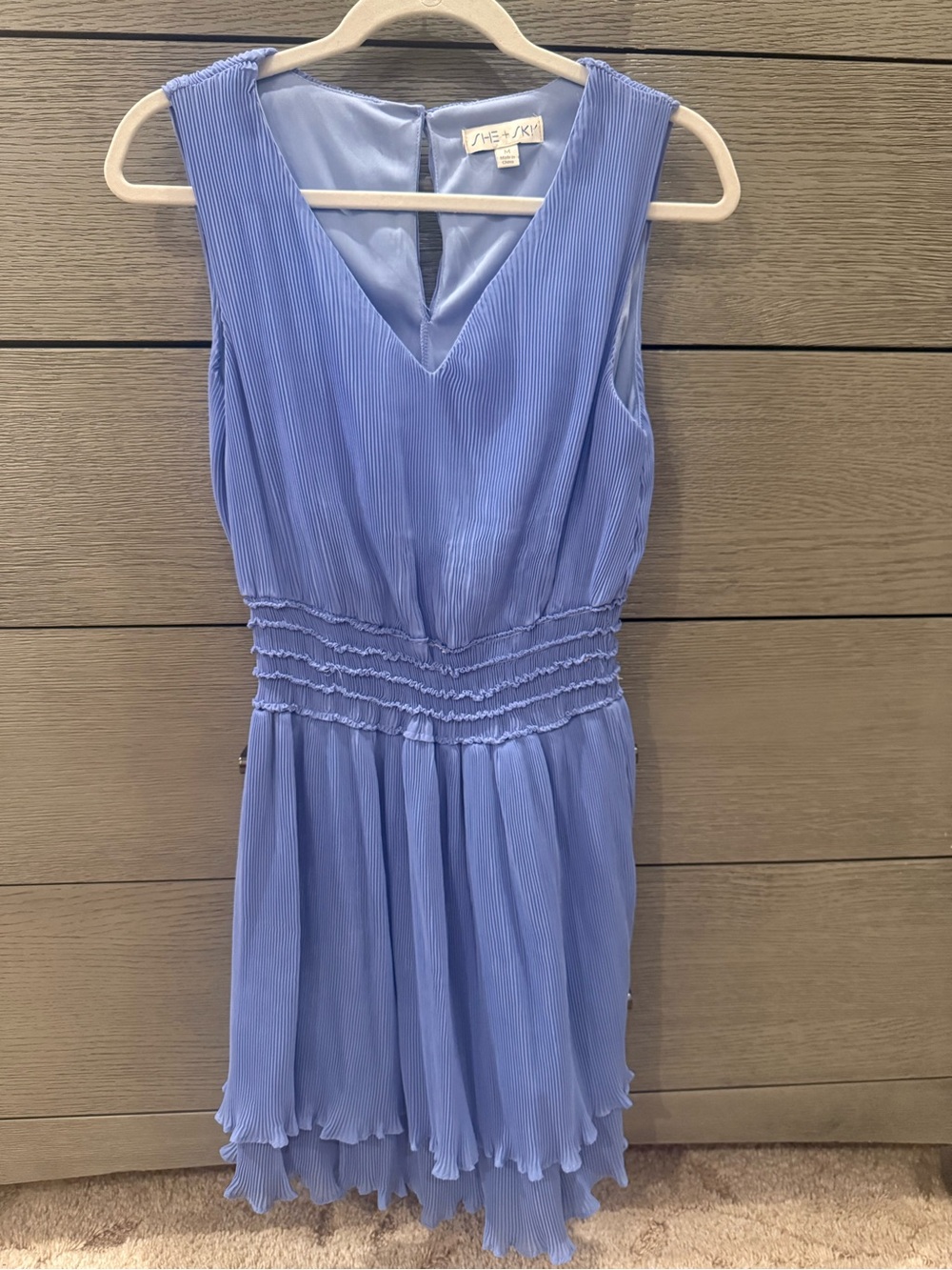 She + Sky Periwinkle Pleated V-Neck Dress